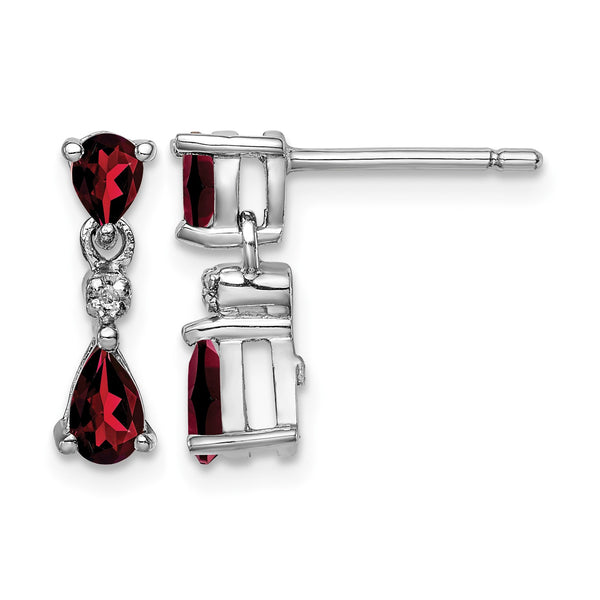 Sterling Silver Rhodium Drop Earrings with Natural Pear Garnet and Diamond - Birthstone Company