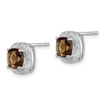 Sterling Silver 925 Smoky Quartz and Diamond Post Earrings Elegant Rhodium Finish