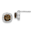 Sterling Silver 925 Smoky Quartz and Diamond Post Earrings Elegant Rhodium Finish