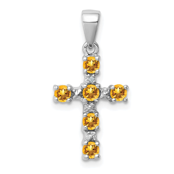 Sterling Silver Rhodium Citrine & Diamond Accent Cross Pendant - Birthstone Company
