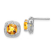 Sterling Silver Citrine and Diamond Button Earrings with Polished Rhodium Finish