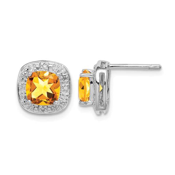 Sterling Silver Citrine and Diamond Button Earrings with Polished Rhodium Finish - Birthstone Company