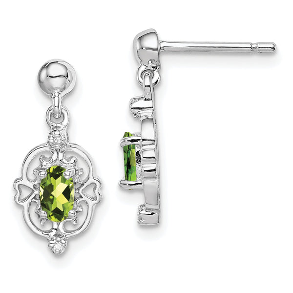 Sterling Silver Peridot Diamond Drop Earrings Rhodium Plated