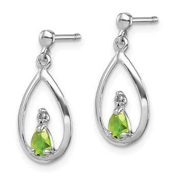 Sterling Silver 925 Rhodium-Plated Peridot and Diamond Drop Earrings Polished Pear Cut
