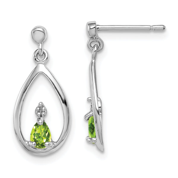 Sterling Silver 925 Rhodium-Plated Peridot and Diamond Drop Earrings Polished Pear Cut