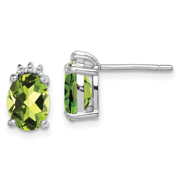 Sterling Silver Oval Peridot and Diamond Stud Earrings Polished Rhodium Plated, August Birthstone