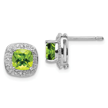 Sterling Silver 925 Peridot and Diamond Button Earrings, Rhodium Plated
