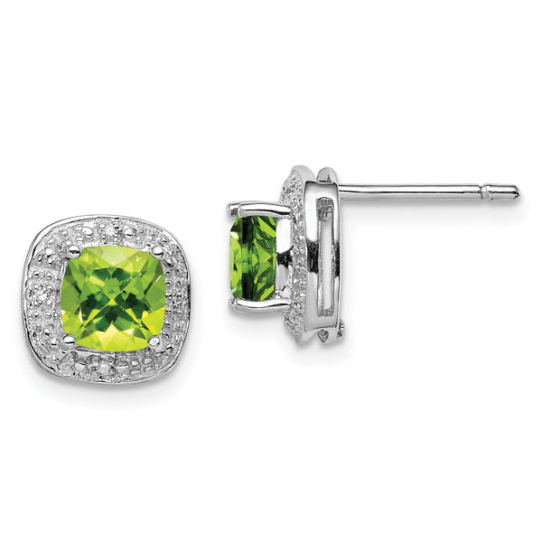 Sterling Silver 925 Peridot and Diamond Button Earrings, Rhodium Plated