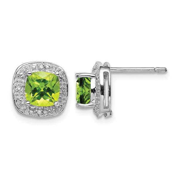 Sterling Silver 925 Peridot and Diamond Button Earrings, Rhodium Plated - Birthstone Company