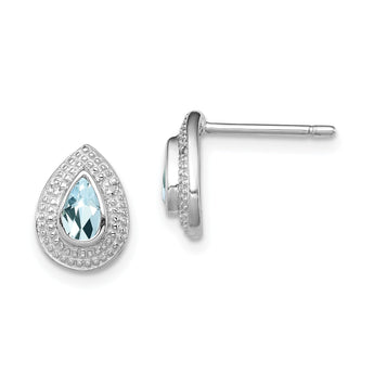 Sterling Silver 925 Aquamarine & Diamond Button Earrings Polished Bezel Set