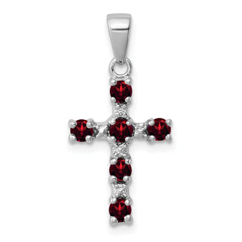 Sterling Silver Rhodium-plated Garnet & Diamond Accent Cross Pendant - Birthstone Company