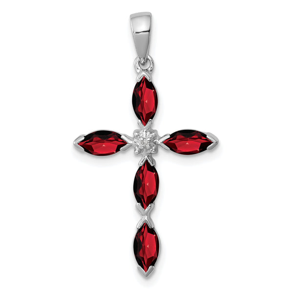 Sterling Silver Rhodium Garnet & Diamond Cross Pendant - Birthstone Company