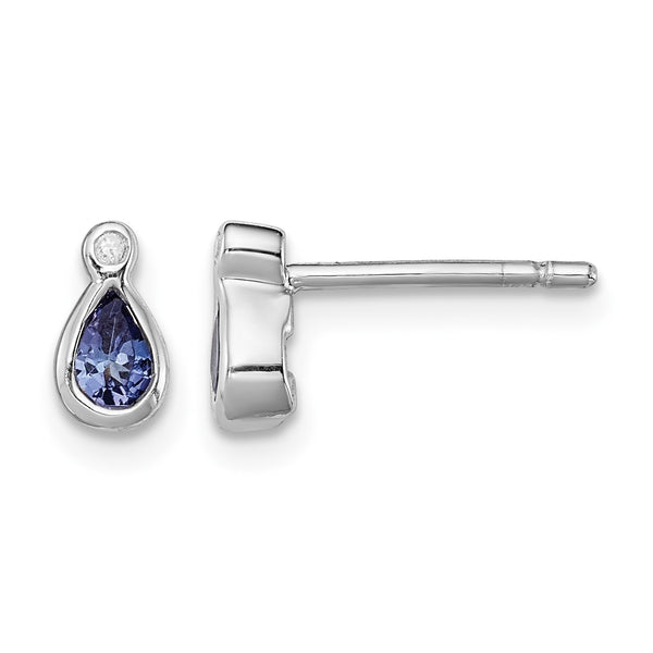 Sterling Silver Rhodium-Plated Tanzanite & Diamond Button Earrings Elegant Pear Design - Birthstone Company