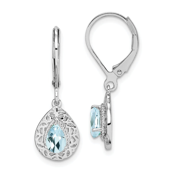 Sterling Silver Rhodium-Plated Aquamarine Leverback Earrings Polished Pear Cut