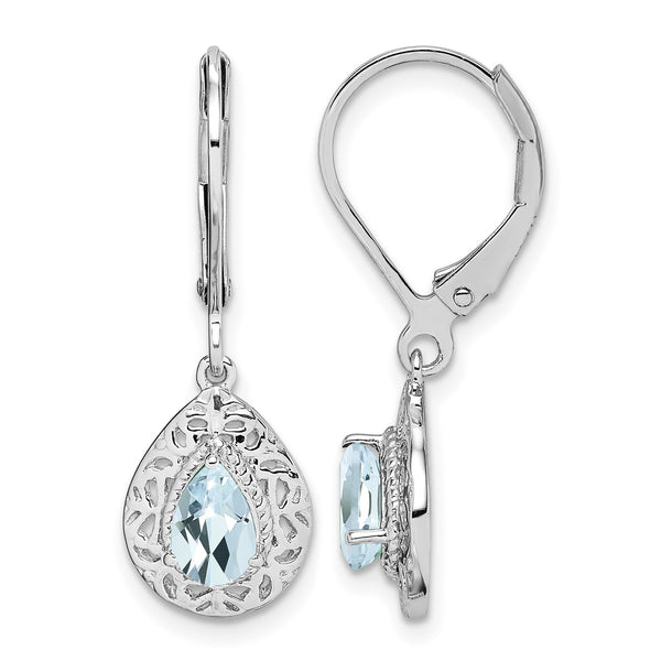Sterling Silver Rhodium-Plated Aquamarine Leverback Earrings Polished Pear Cut - Birthstone Company