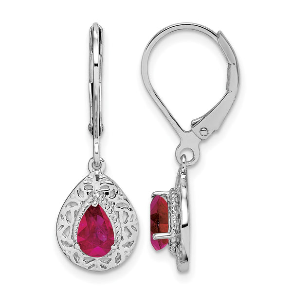 Sterling Silver Ruby Teardrop Earrings with Rhodium Finish - Birthstone Company