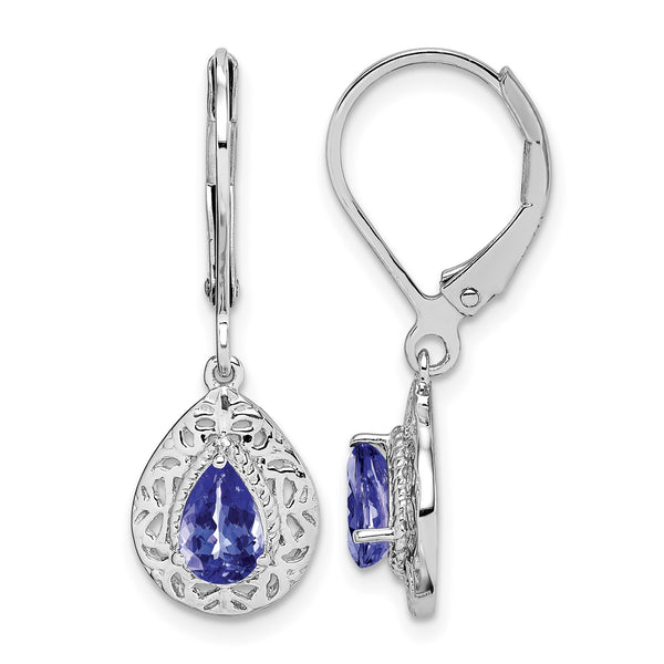 Sterling Silver 925 Rhodium-Plated Tanzanite Leverback Earrings Pear-Cut Dangle - Birthstone Company