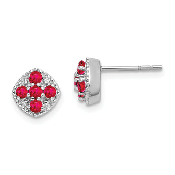 925 Sterling Silver Rhodium-Plated Ruby Floral Earrings, July Birthstone