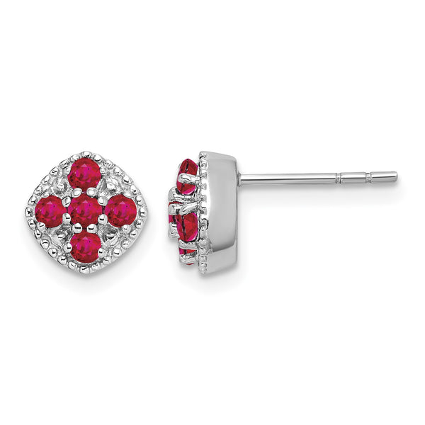 925 Sterling Silver Rhodium-Plated Ruby Floral Earrings, July Birthstone - Birthstone Company