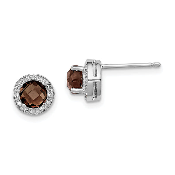 Sterling Silver 925 Smoky Quartz & Diamond Button Earrings with Rhodium Finish