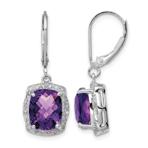 Sterling Silver Rhodium-Plated Amethyst and Diamond Drop Earrings - Birthstone Company