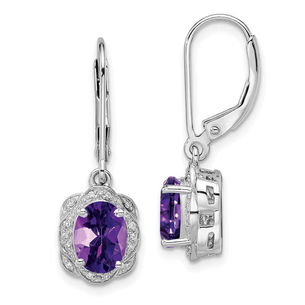 Sterling Silver 925 Drop Earrings with Amethyst & Diamond, Rhodium-Plated