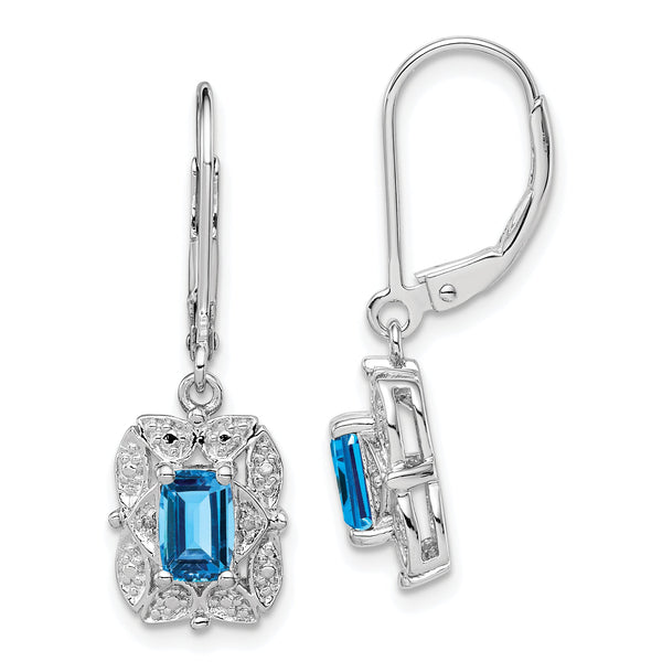 925 Sterling Silver Blue Topaz and Diamond Rhodium-Plated Drop Earrings