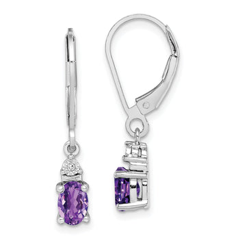925 Sterling Silver Amethyst and Diamond Drop Earrings Polished, Rhodium-Plated, Leverback