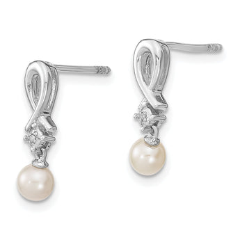 Sterling Silver Cultured Pearl Diamond Drop Earrings Elegant Rhodium-Plated Finish