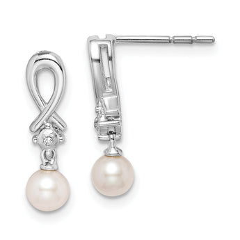 Sterling Silver Cultured Pearl Diamond Drop Earrings Elegant Rhodium-Plated Finish