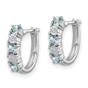 Sterling Silver 925 Aquamarine & Diamond Rhodium-Plated Hoop Earrings Polished Finish