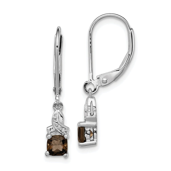 Sterling Silver Rhodium-Plated Smoky Quartz and Diamond Drop Earrings for Women