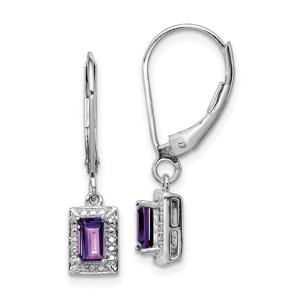 Sterling Silver 925 Amethyst and Diamond Drop Earrings with Rhodium Finish