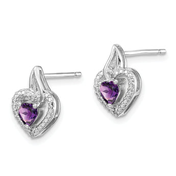 Sterling Silver Amethyst & Diamond Heart Earrings Rhodium-Plated, Polished Finish