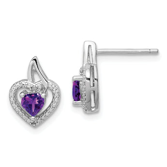 Sterling Silver Amethyst & Diamond Heart Earrings Rhodium-Plated, Polished Finish