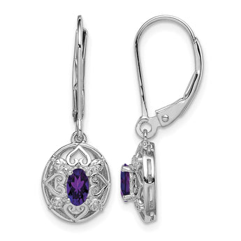 Sterling Silver Rhodium-Plated Amethyst and Diamond Drop Earrings - Birthstone Company