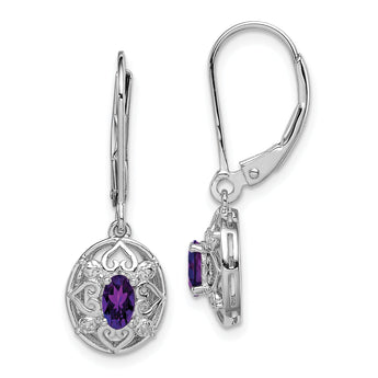 Sterling Silver Rhodium-Plated Amethyst and Diamond Drop Earrings