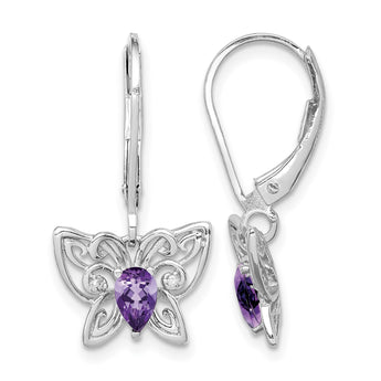 Sterling Silver Amethyst and Diamond Butterfly Earrings with Rhodium Polished Finish - Birthstone Company