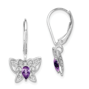 Sterling Silver Amethyst and Diamond Butterfly Earrings with Rhodium Polished Finish