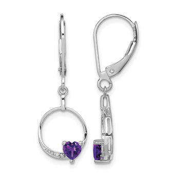 Sterling Silver Amethyst & Diamond Drop Earrings Polished Rhodium-Plated, Heart Design - Birthstone Company