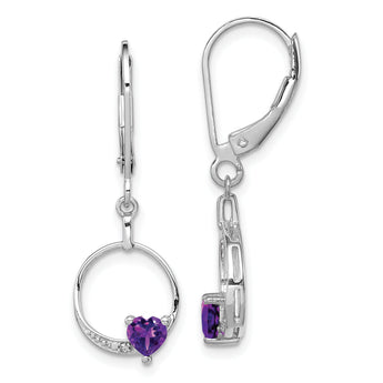 Sterling Silver Amethyst & Diamond Drop Earrings Polished Rhodium-Plated, Heart Design