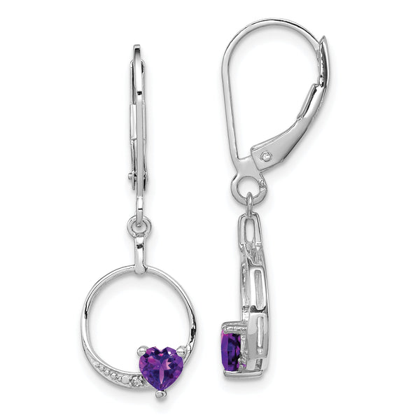 Sterling Silver Amethyst & Diamond Drop Earrings Polished Rhodium-Plated, Heart Design