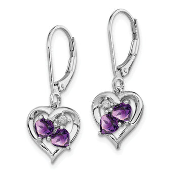 Sterling Silver Amethyst & Diamond Drop Earrings Rhodium-Plated, Heart-Shaped Gemstones