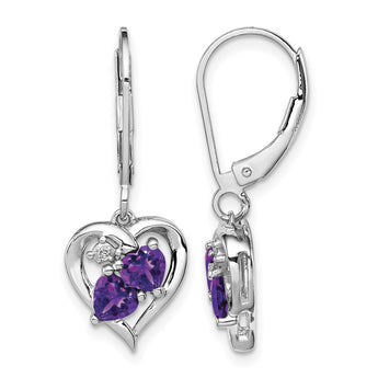 Sterling Silver Amethyst & Diamond Drop Earrings Rhodium-Plated, Heart-Shaped Gemstones - Birthstone Company