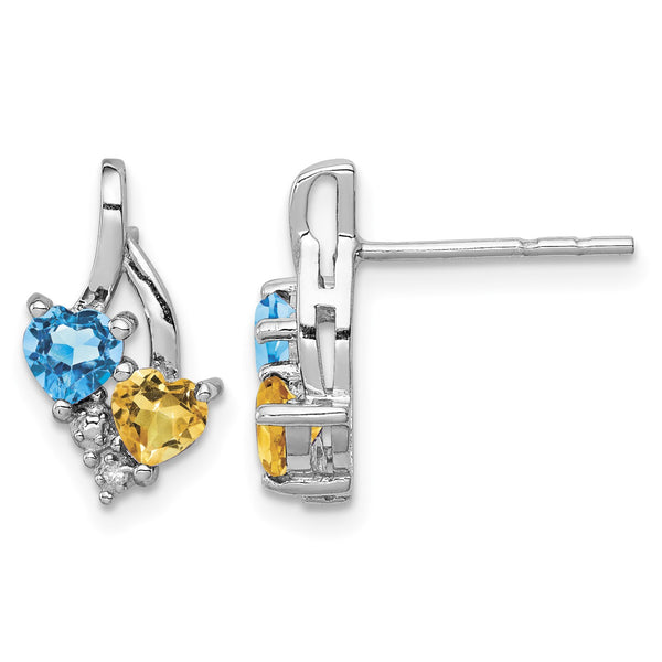 Sterling Silver Rhodium-Plated Blue Topaz and Citrine Diamond Earrings - Birthstone Company