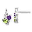 925 Sterling Silver Amethyst Peridot Diamond Drop Earrings, Polished & Rhodium-Plated