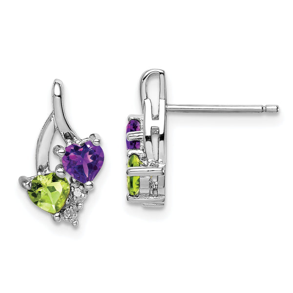 925 Sterling Silver Amethyst Peridot Diamond Drop Earrings, Polished & Rhodium-Plated