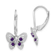 Sterling Silver 925 Amethyst and Diamond Butterfly Drop Earrings Rhodium-Plated, Polished Finish