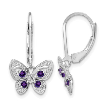 Sterling Silver 925 Amethyst and Diamond Butterfly Drop Earrings Rhodium-Plated, Polished Finish - Birthstone Company