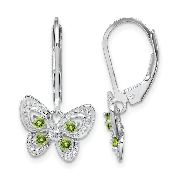 Sterling Silver Rhodium-Plated Peridot and Diamond Drop Earrings with Leverback Closure - Birthstone Company